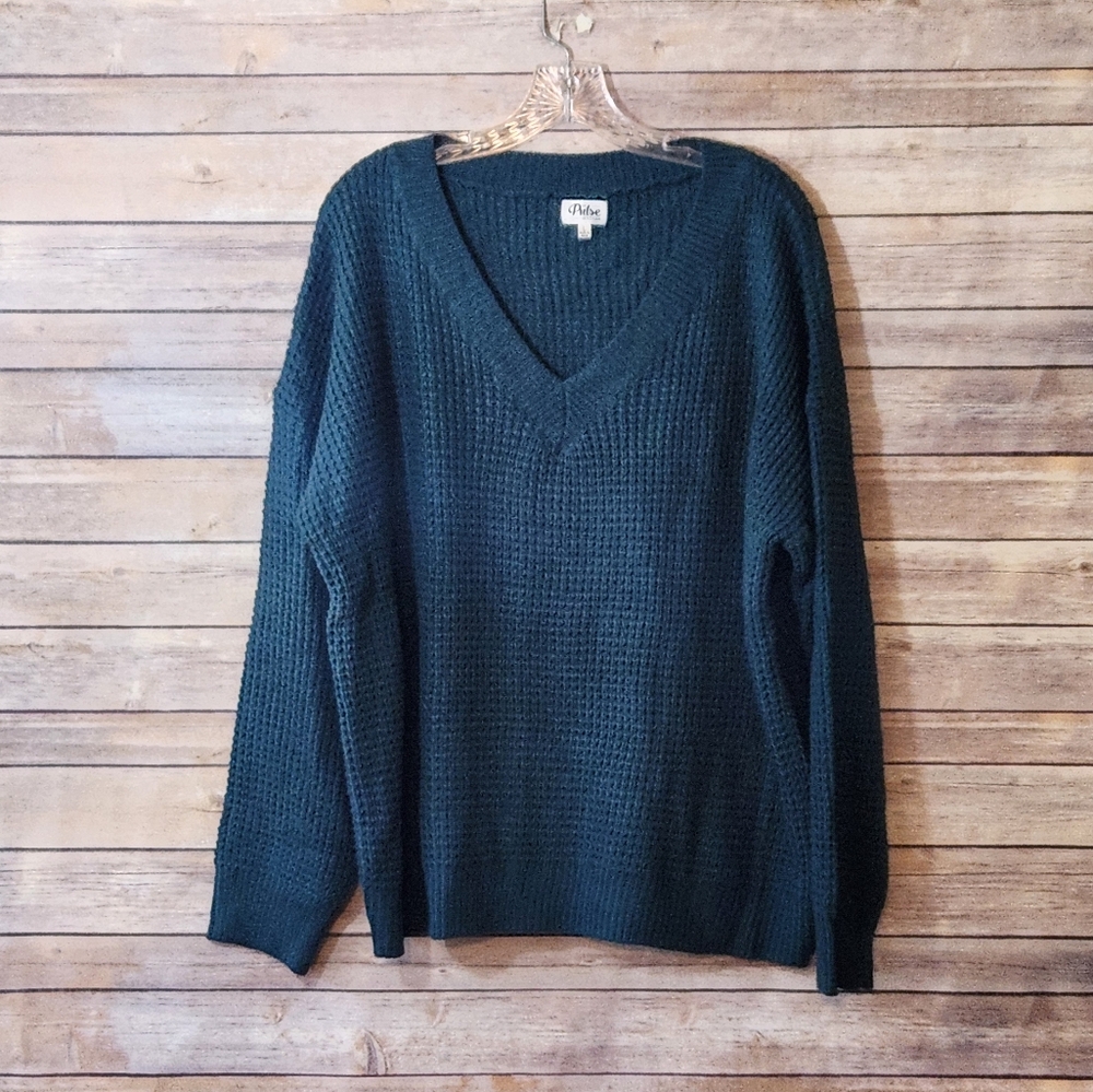Pulse Boutique Teal Green V-Neck Sweater with Relaxed Fit